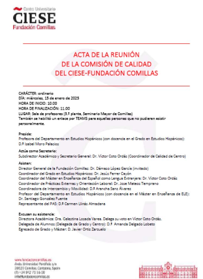 15 de enero acta de calidad